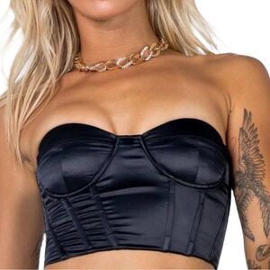 Princess Polly Sz black satin corset with boning, whimsygoth, witchy goth